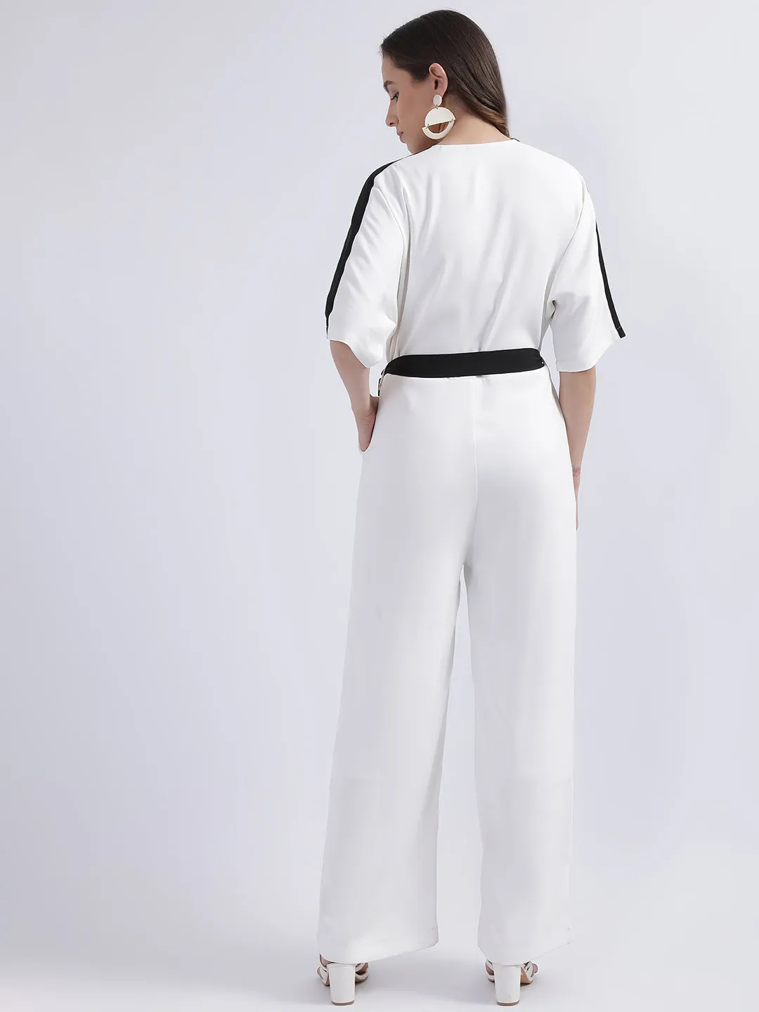 Iconic Women White Solid V-Neck Short Sleeves Jumpsuit