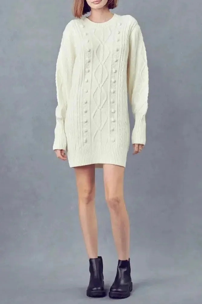 Ivory Cable Knit Mini Sweater Dress