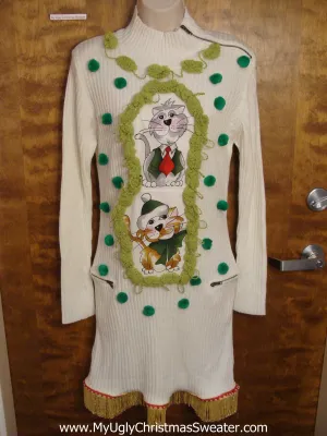 Ivory Christmas Sweater Dress with Cats