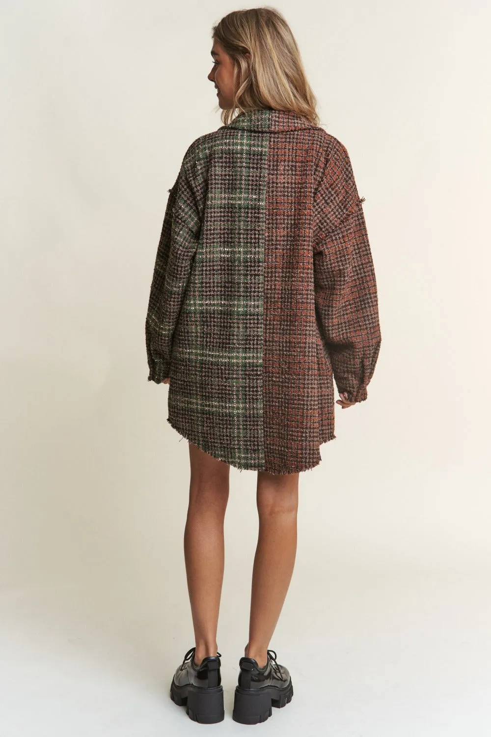 J.NNA Snap Down Tweed Plaid Contrast  Longline Shacket