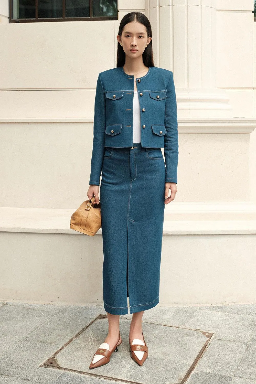 Joanna Pencil Front Slit Cotton Denim Midi Skirt