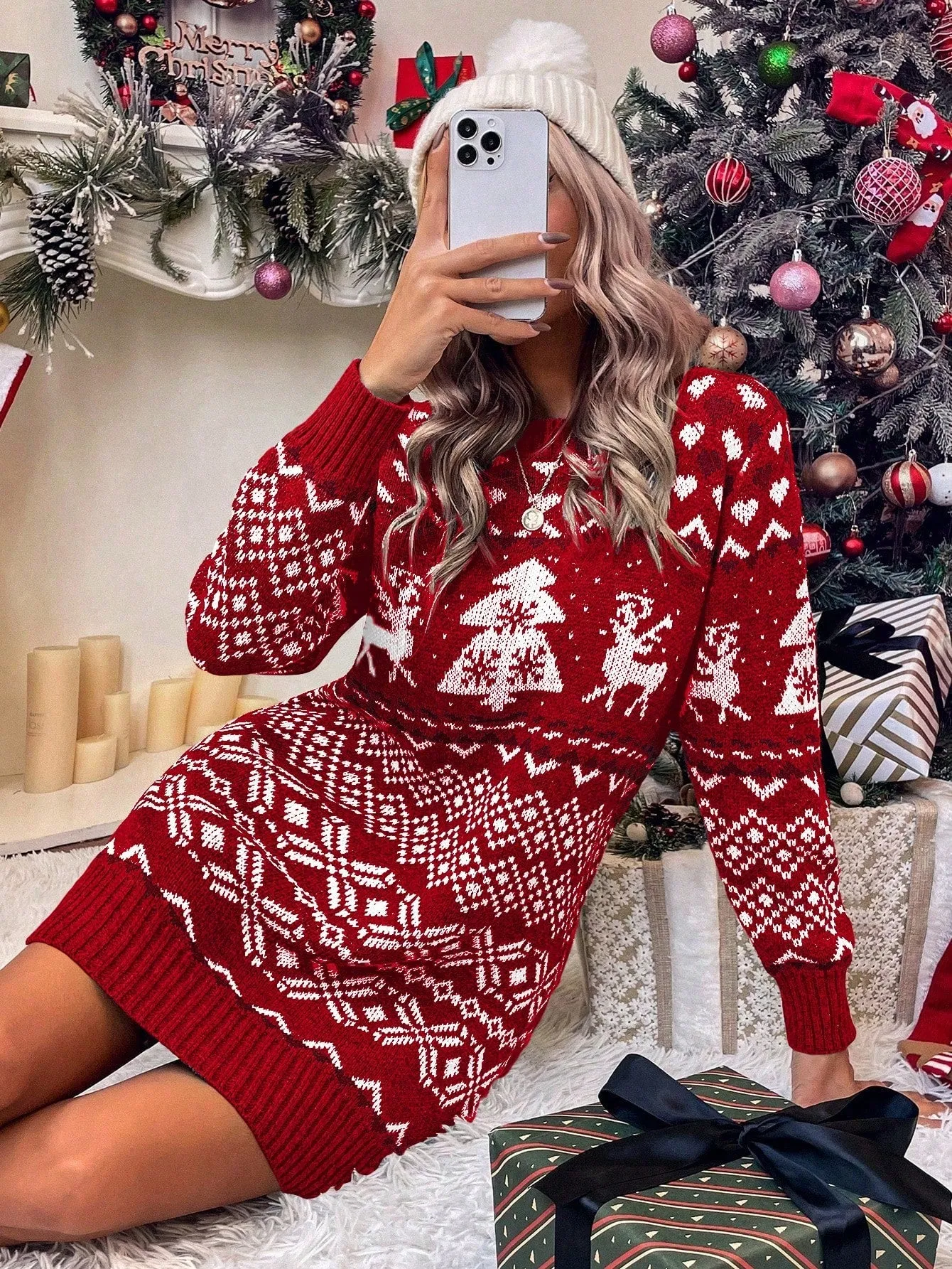 Jolly Christmas Pattern Sweater Dress