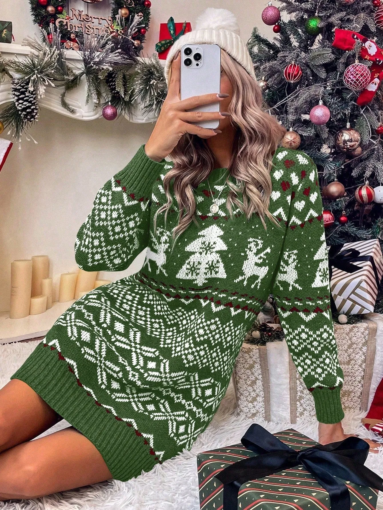 Jolly Christmas Pattern Sweater Dress