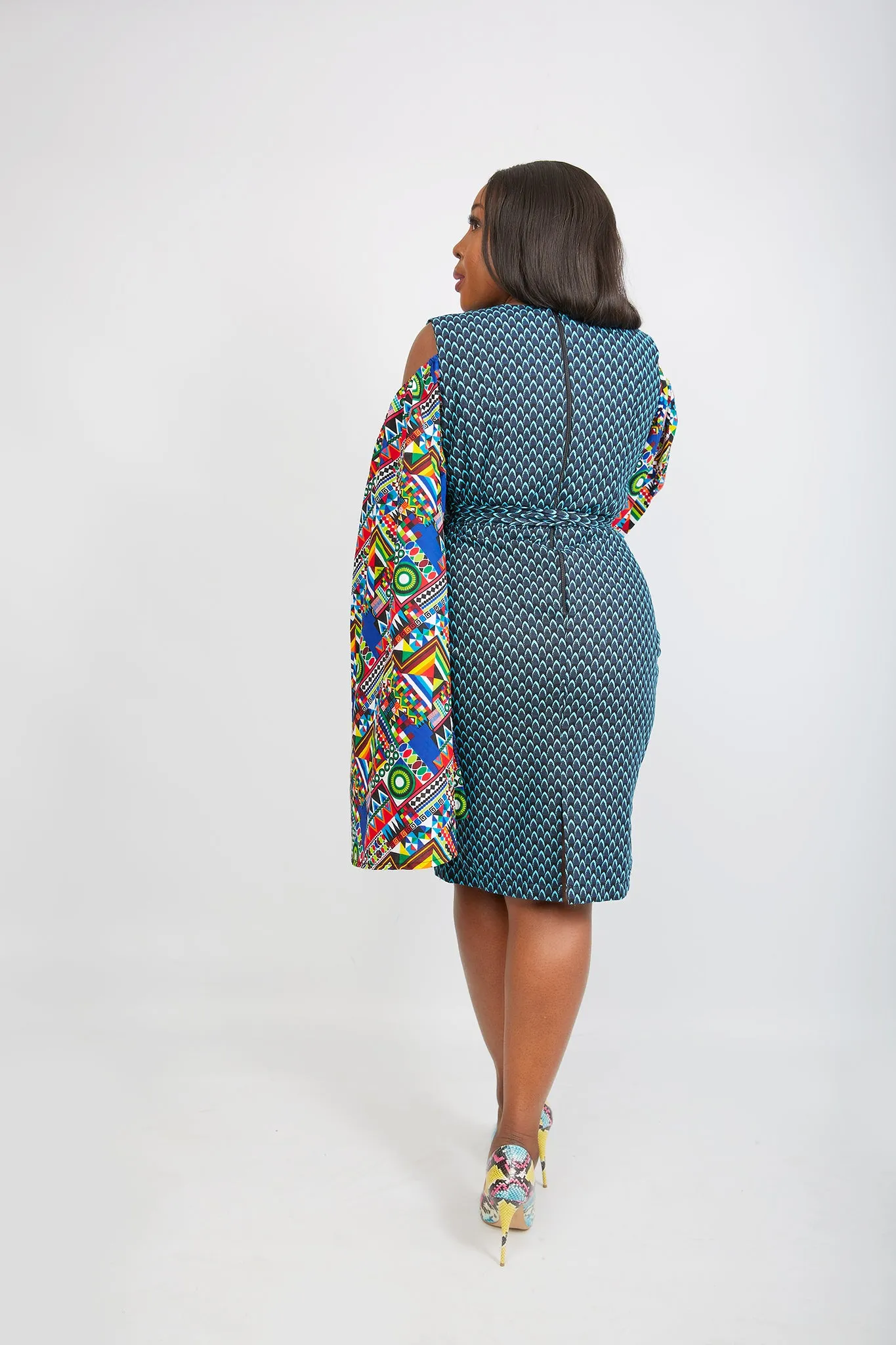 Just Arrived African Print Fitted Dress with Cut-out Sleeves - Busola