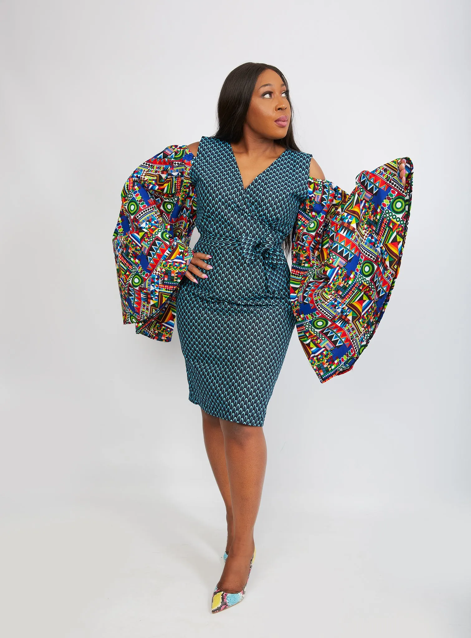 Just Arrived African Print Fitted Dress with Cut-out Sleeves - Busola