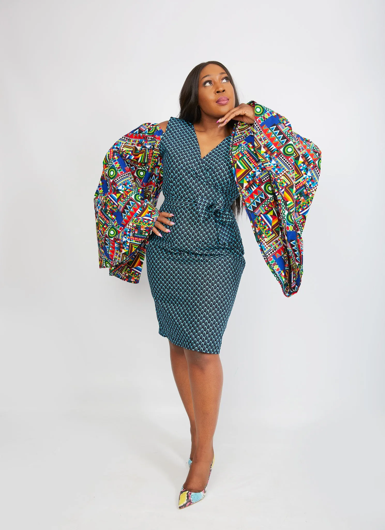 Just Arrived African Print Fitted Dress with Cut-out Sleeves - Busola