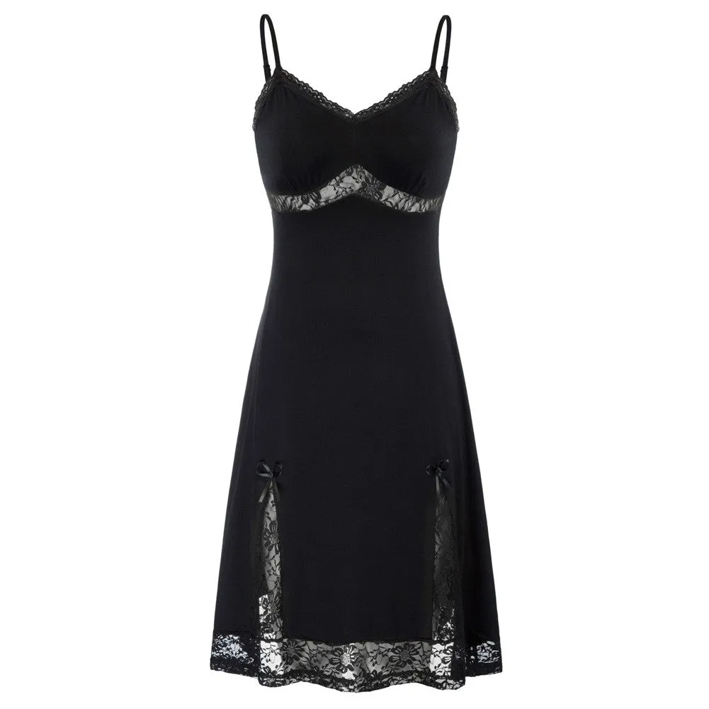 Lace Patchwork Spaghetti Straps V-Neck A-Line Slip Dress