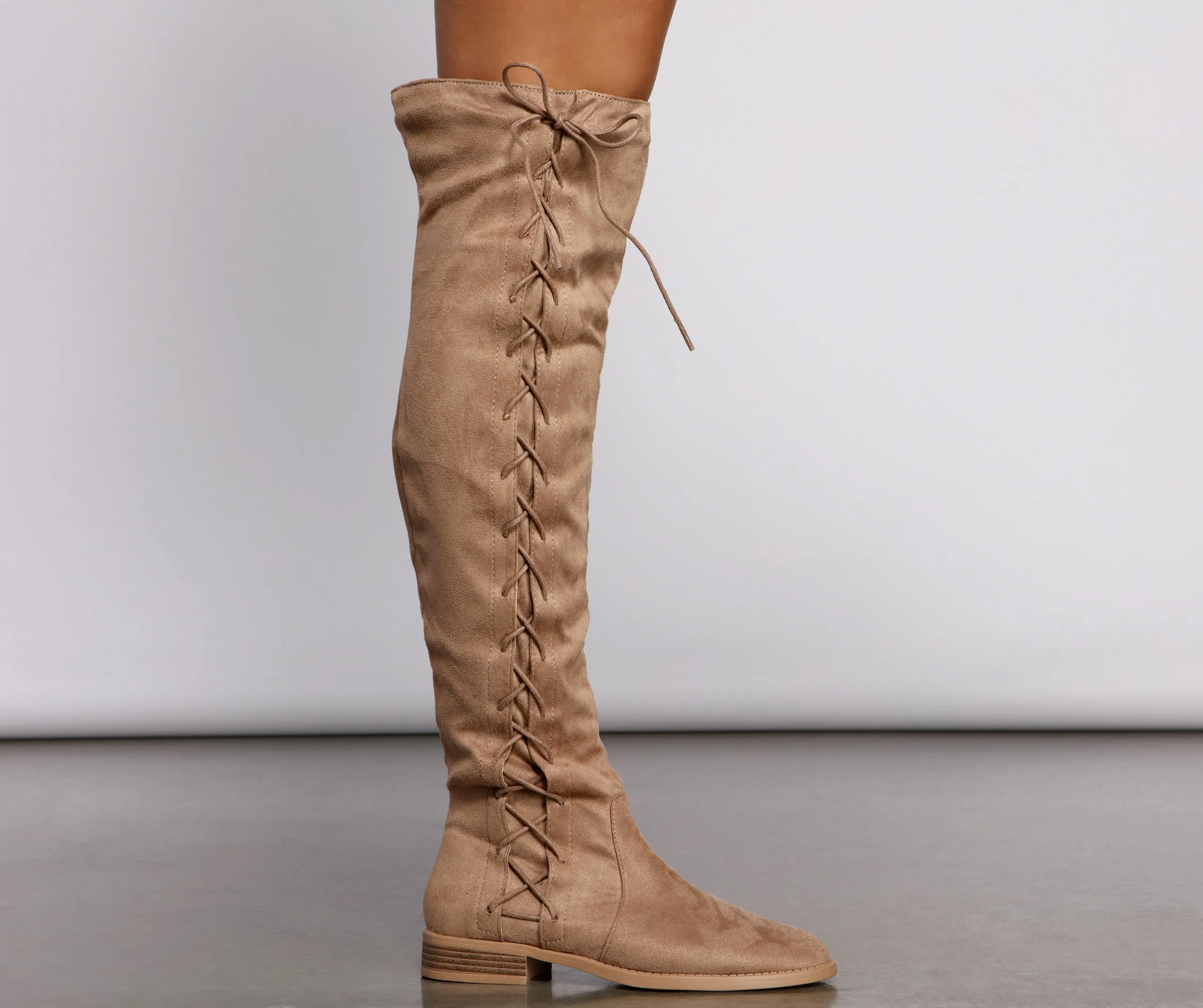 Lace-Up Faux Suede Over The Knee Boots