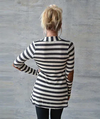 Ladies stripe patch elbow open cardigan sweater