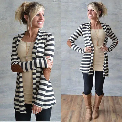 Ladies stripe patch elbow open cardigan sweater