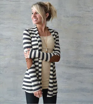 Ladies stripe patch elbow open cardigan sweater