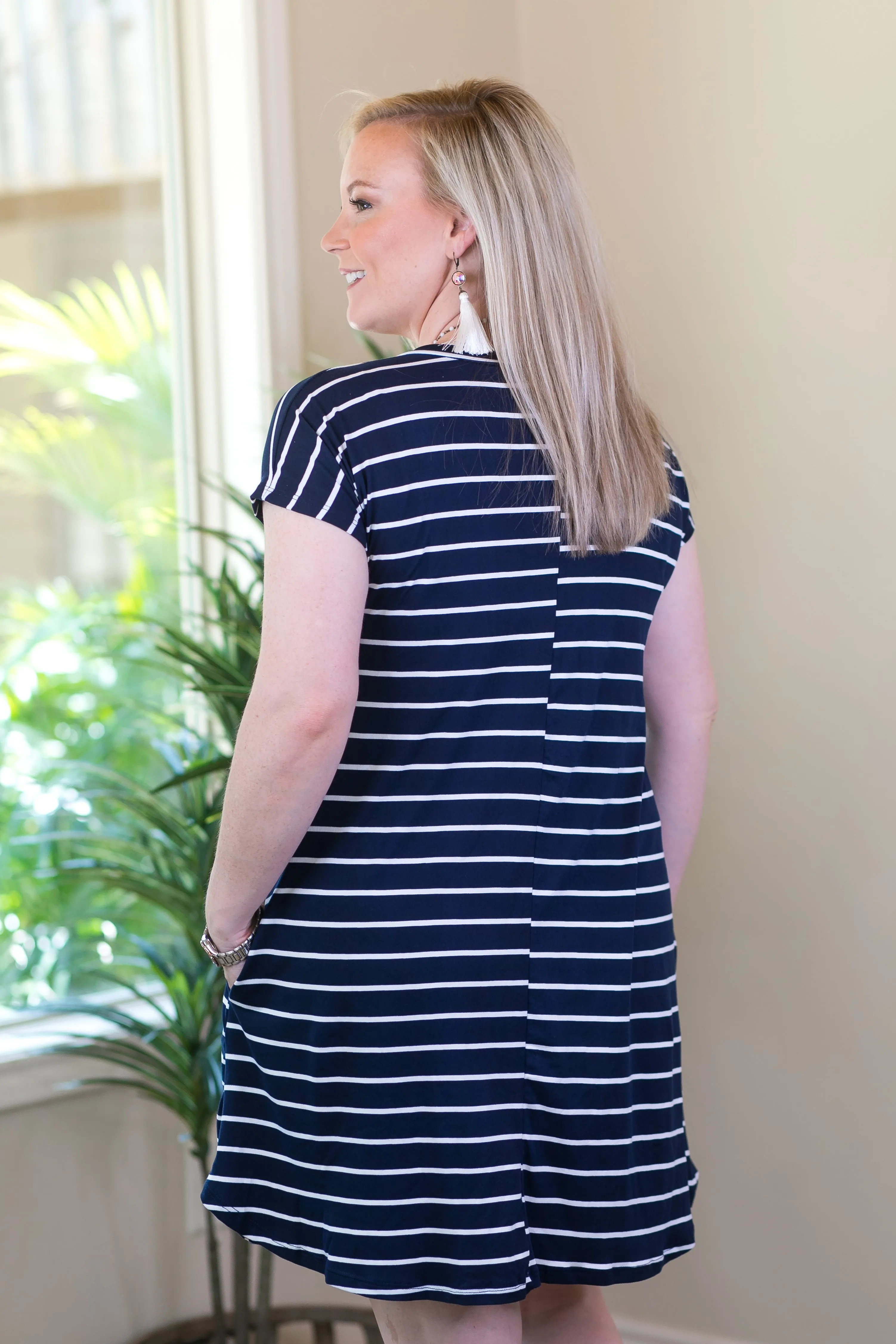 Last Chance Size Small | Beyond Reason Stripe Tee Shirt Dress in Navy Blue