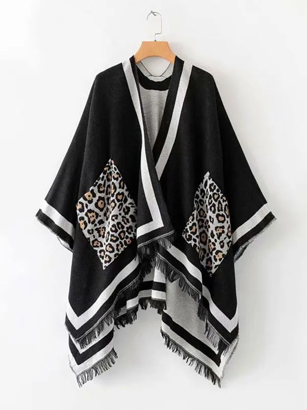 Leopard Pocket Patched Shawl Cardigan