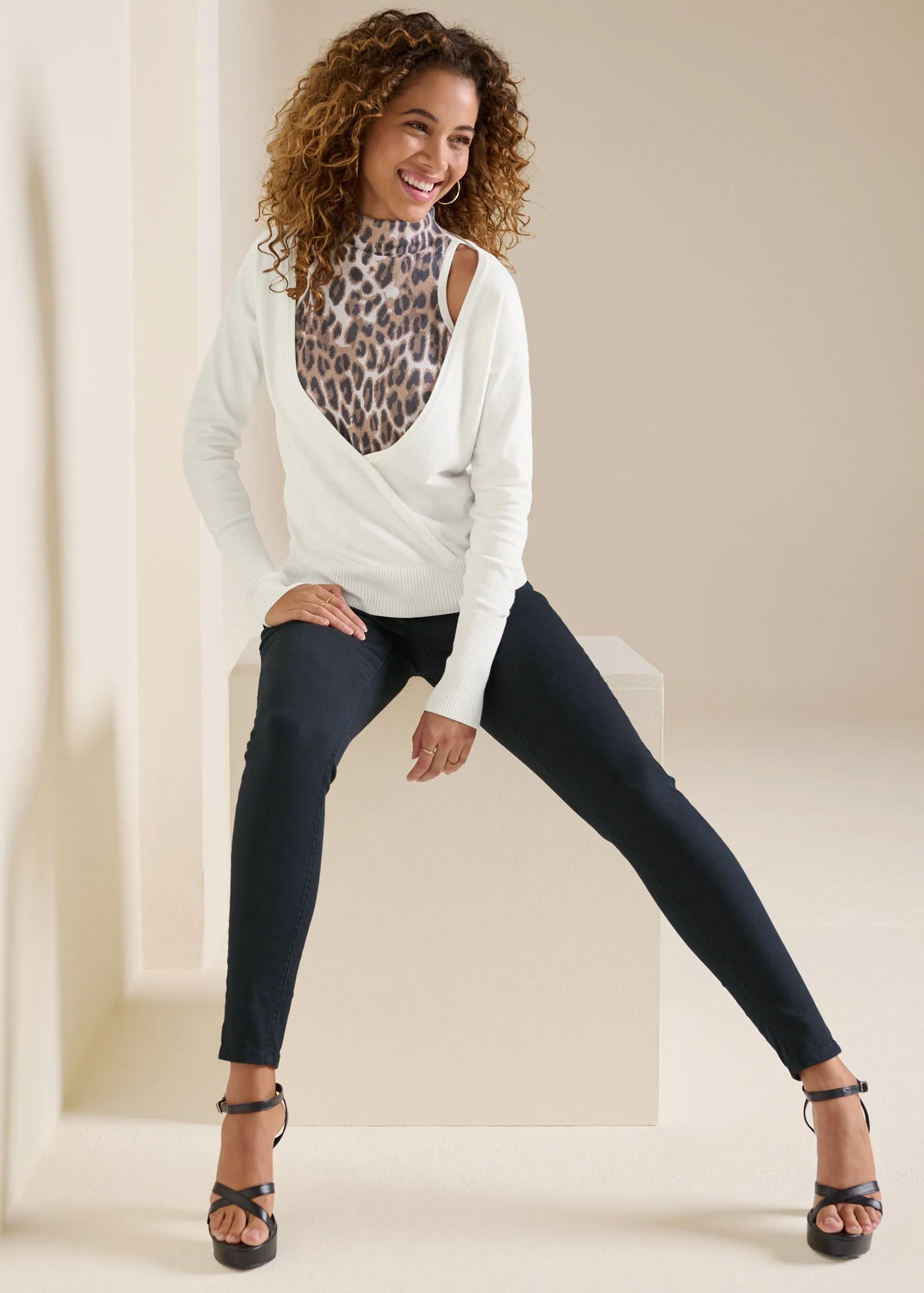 Leopard Turtle Neck Sweater - Blush Multi