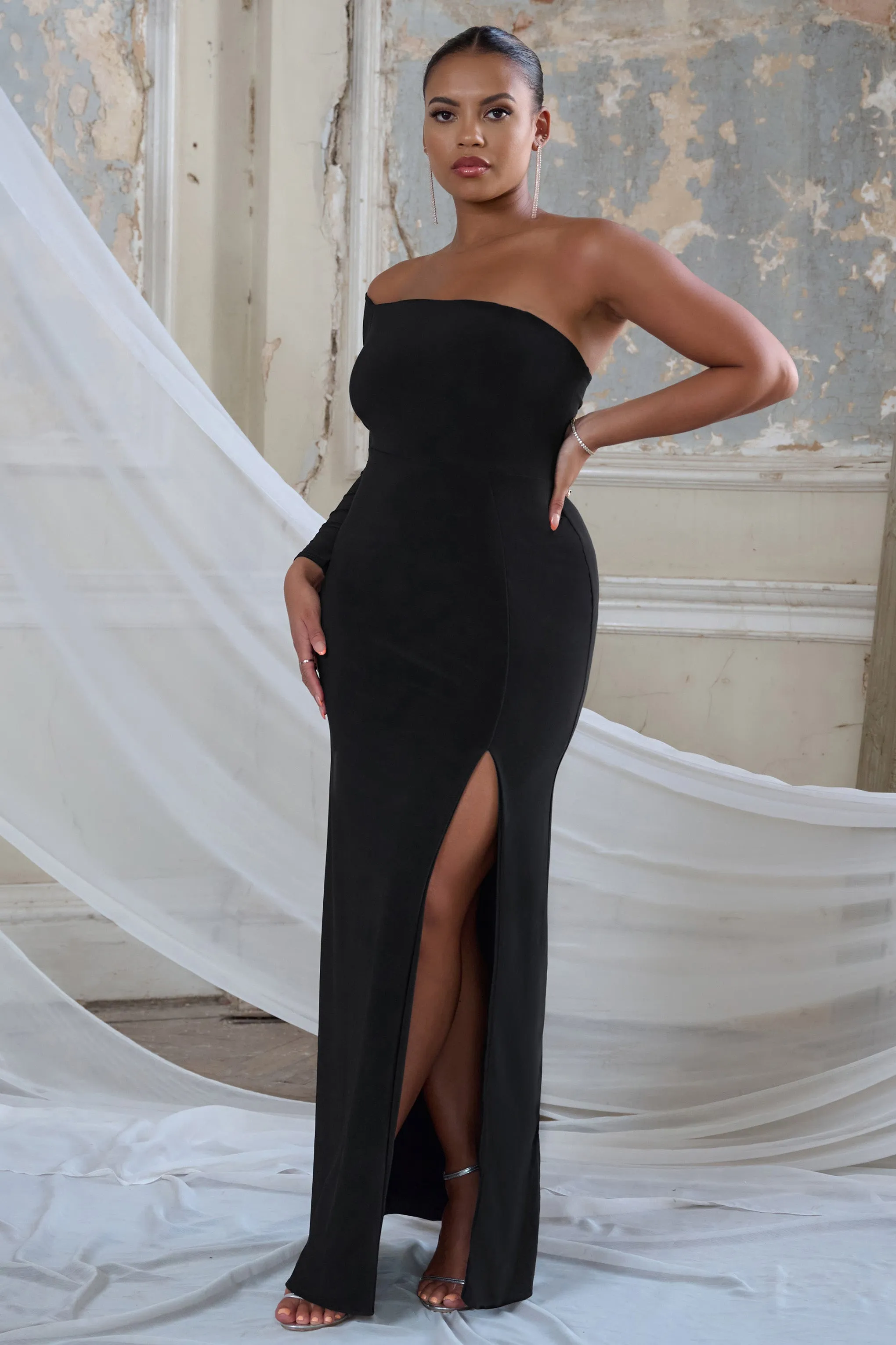 Let Slip | Black Bardot One Sleeve Maxi Dress