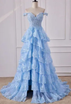 Light Blue Off the Shoulder Floral Layers Long Prom Dress with Slit PC1317