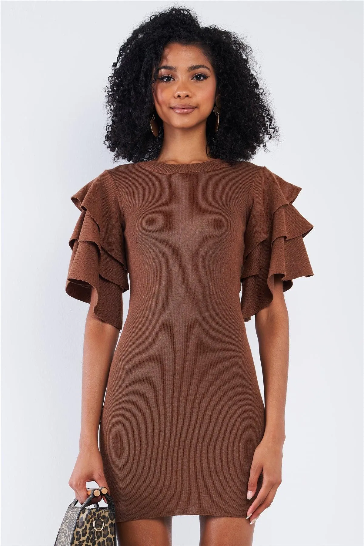 Light Coffee Brown Tight Fit Multi Layer Frill Short Sleeve Mini Dress /2-2-2