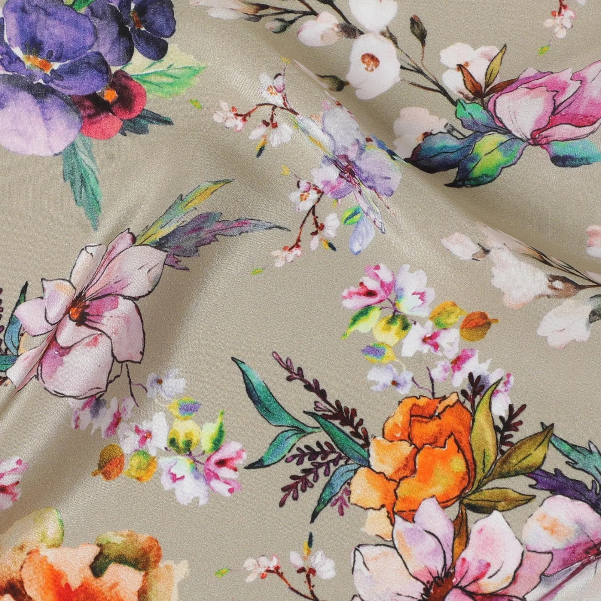 Light olive green synthetic crepe fabric with multicolor print in floral design-D14460