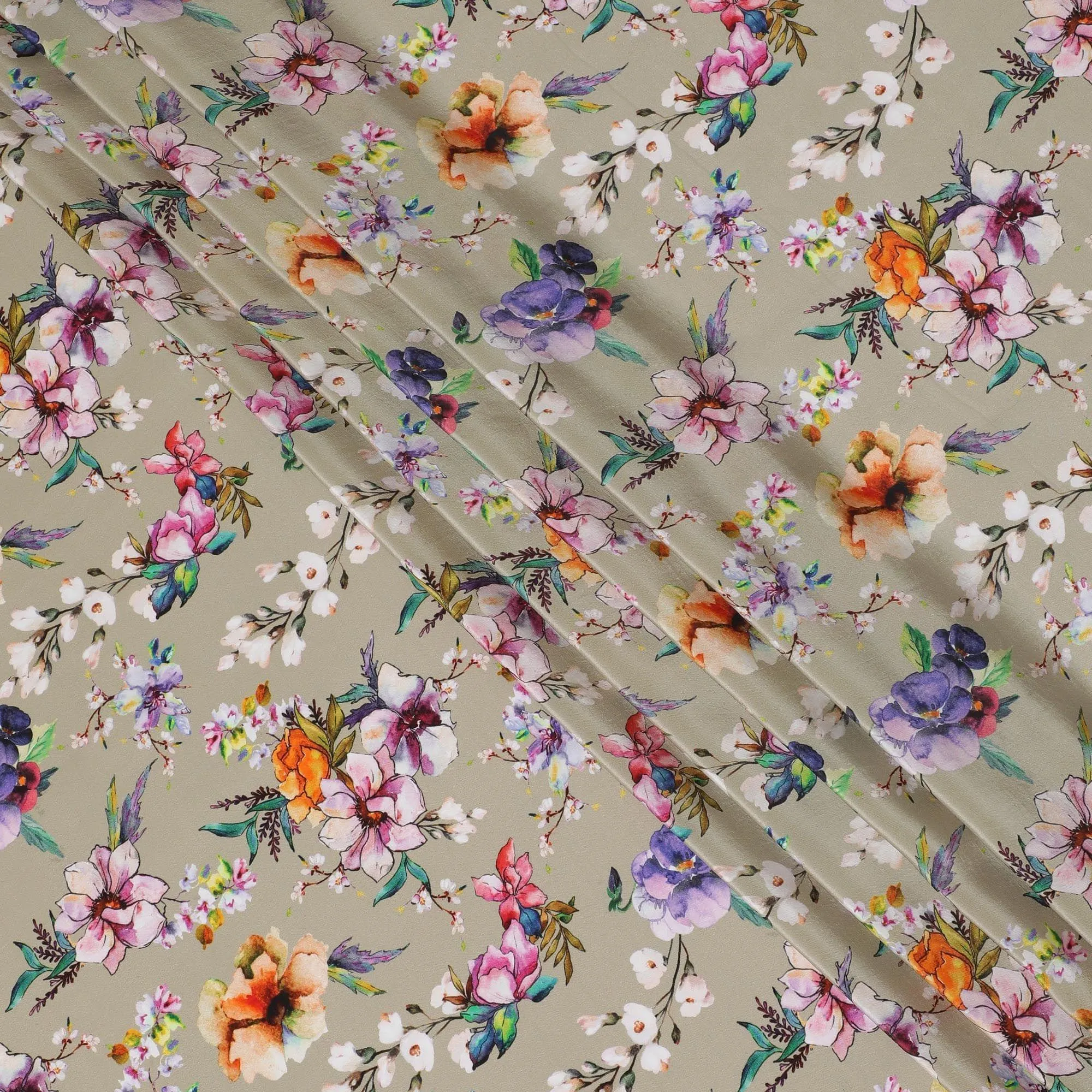 Light olive green synthetic crepe fabric with multicolor print in floral design-D14460