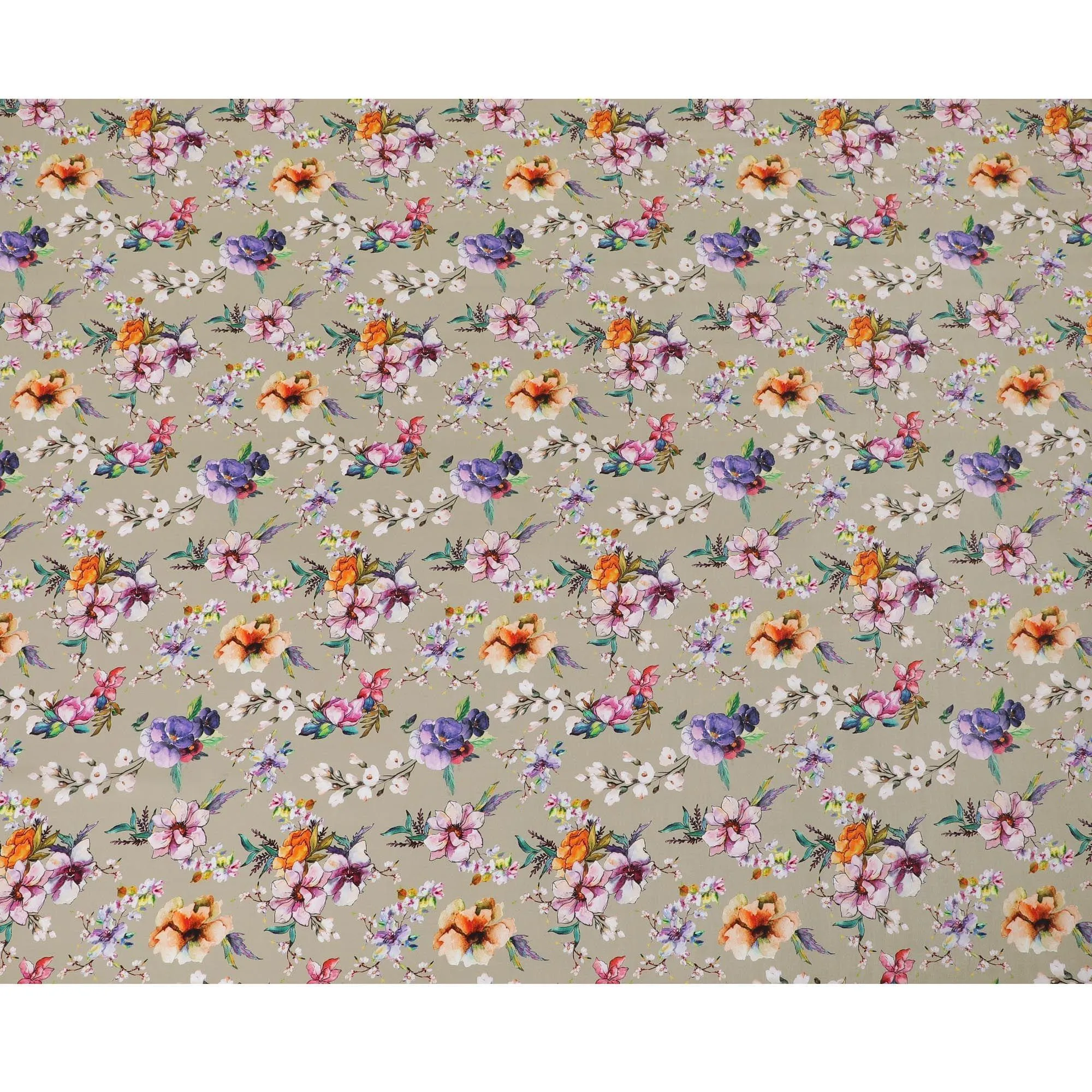 Light olive green synthetic crepe fabric with multicolor print in floral design-D14460