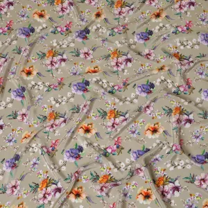 Light olive green synthetic crepe fabric with multicolor print in floral design-D14460