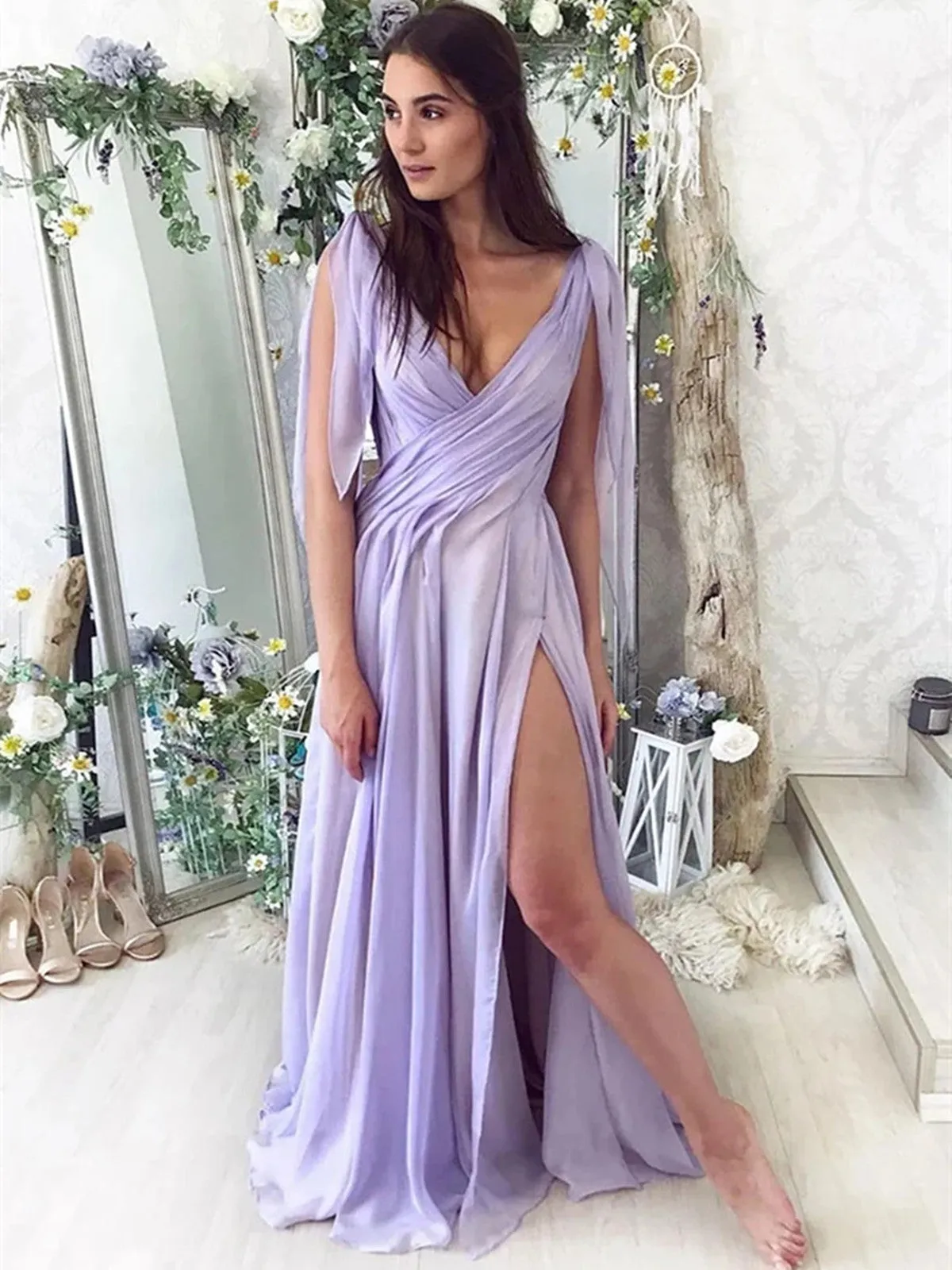 Light Purple Chiffon Long Prom Dress, Purple Party Dress wiith Leg Slit