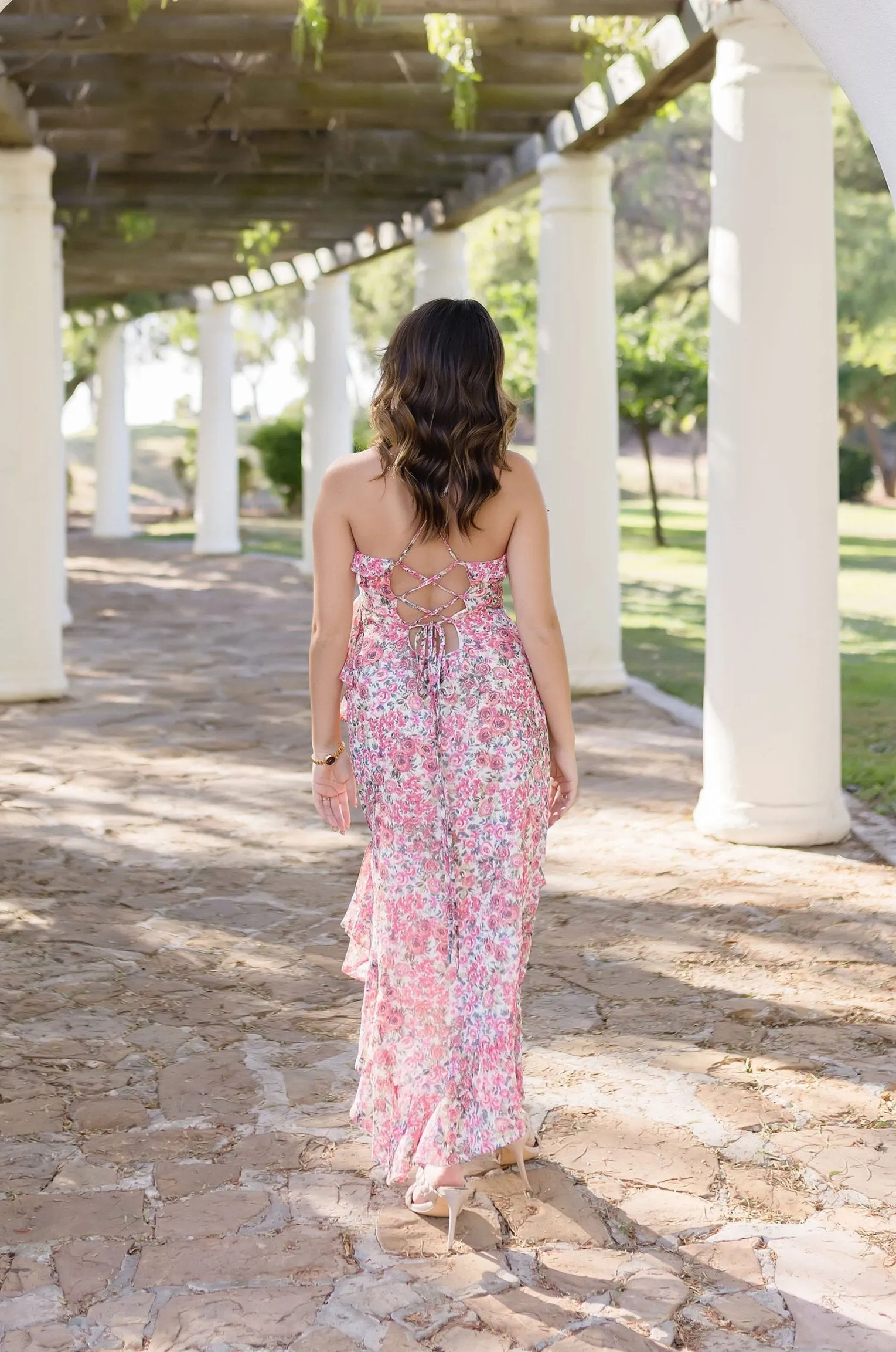 Lucy Sleeveless Cross Back Floral Print Ruffle Midi Dress Pink