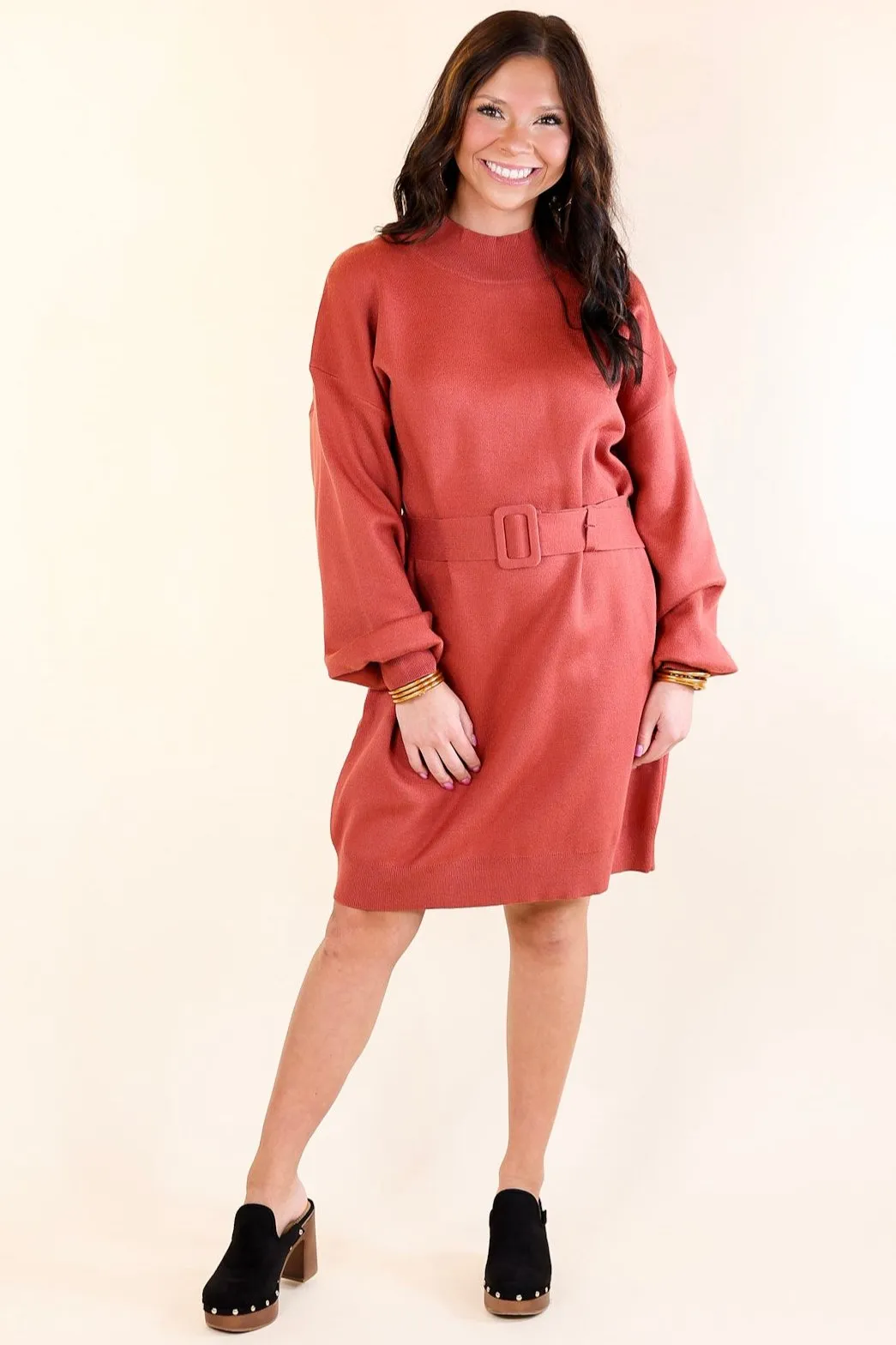 Luxurious Life Sweater Dress with Belt in Rust Red