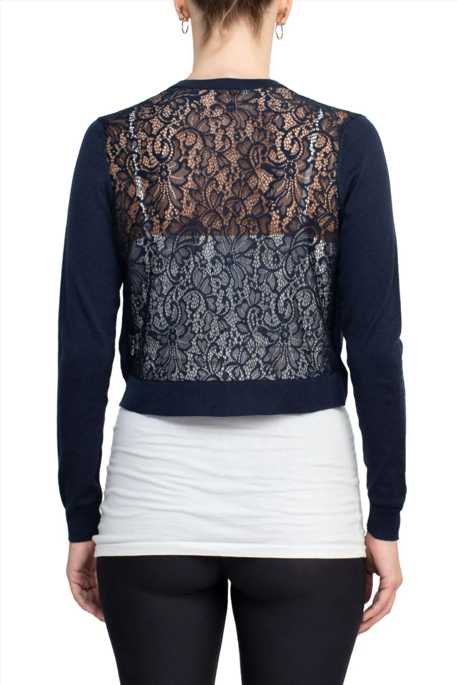 Luxxe Lane Crew Neck Long Sleeve Lace Back Hook Closure Knit Cardigan