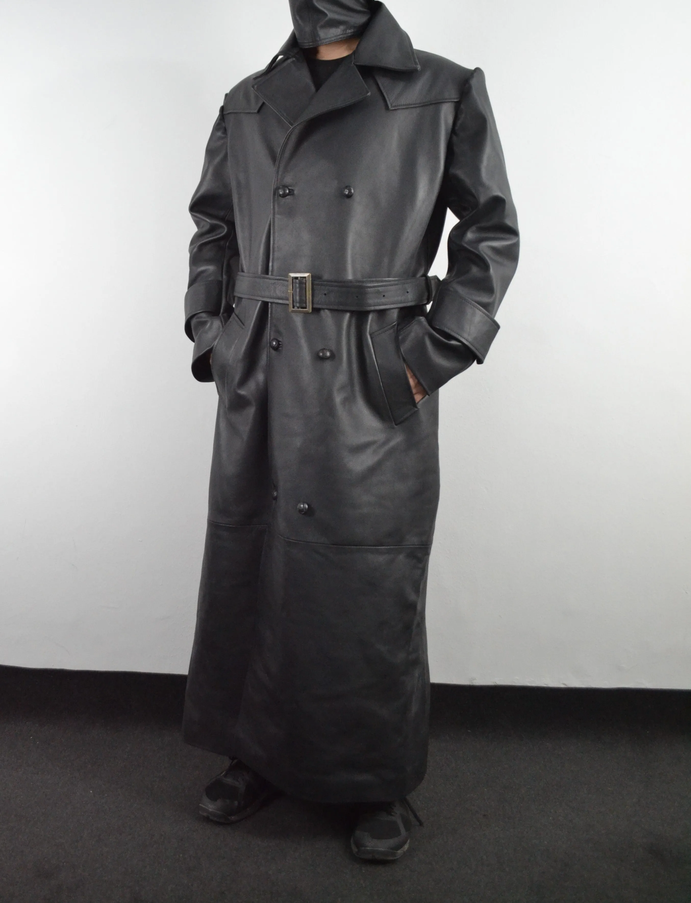 Mens Black Slayer Spike Trench Long Leather Buffy Coat