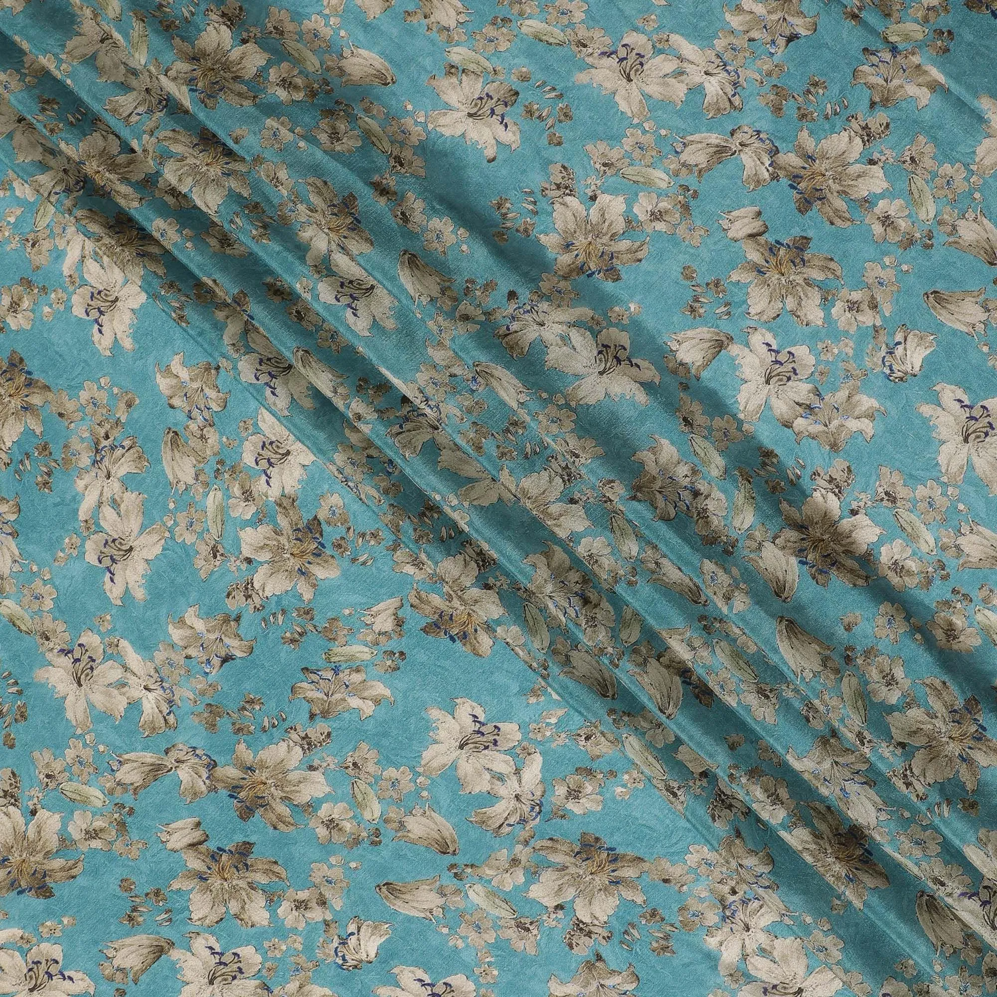 Middle blue viscose crepe fabric with multicolor print in floral design-D15692