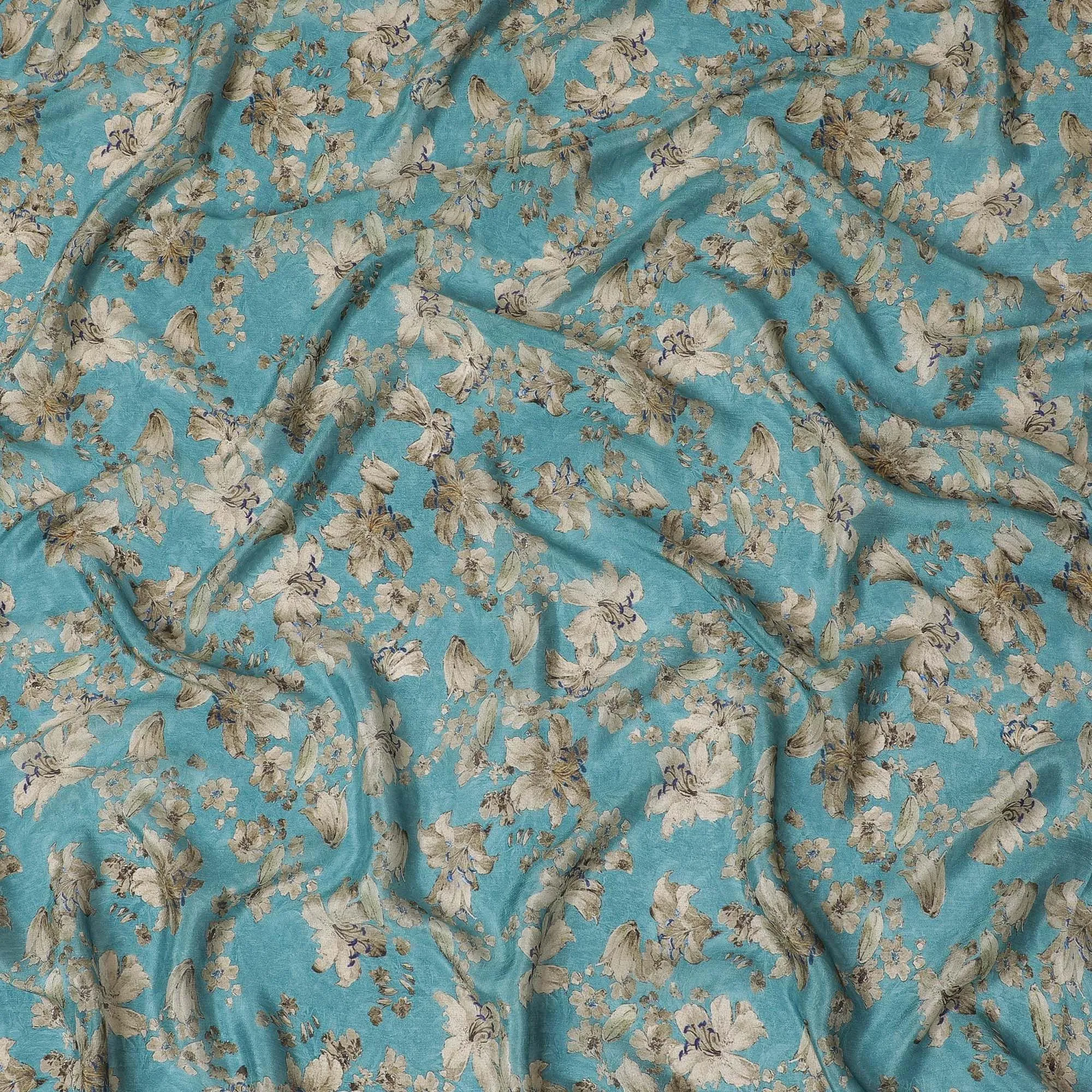 Middle blue viscose crepe fabric with multicolor print in floral design-D15692