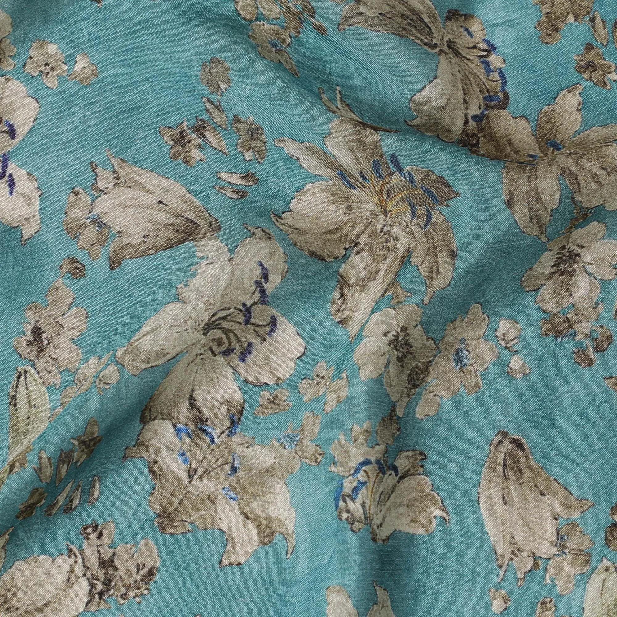 Middle blue viscose crepe fabric with multicolor print in floral design-D15692