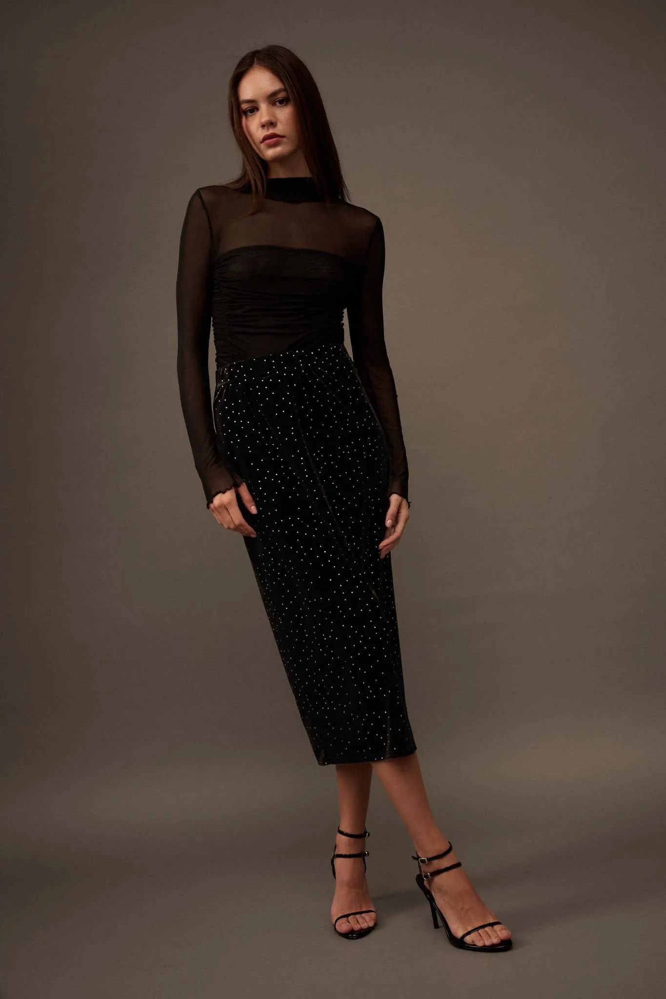 Midnight Sky Glitter Dot Velvet Pencil Skirt