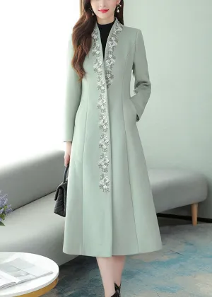 Mint Green Embroideried Floral Woolen Maxi Trench Coat Long Sleeve LY1714