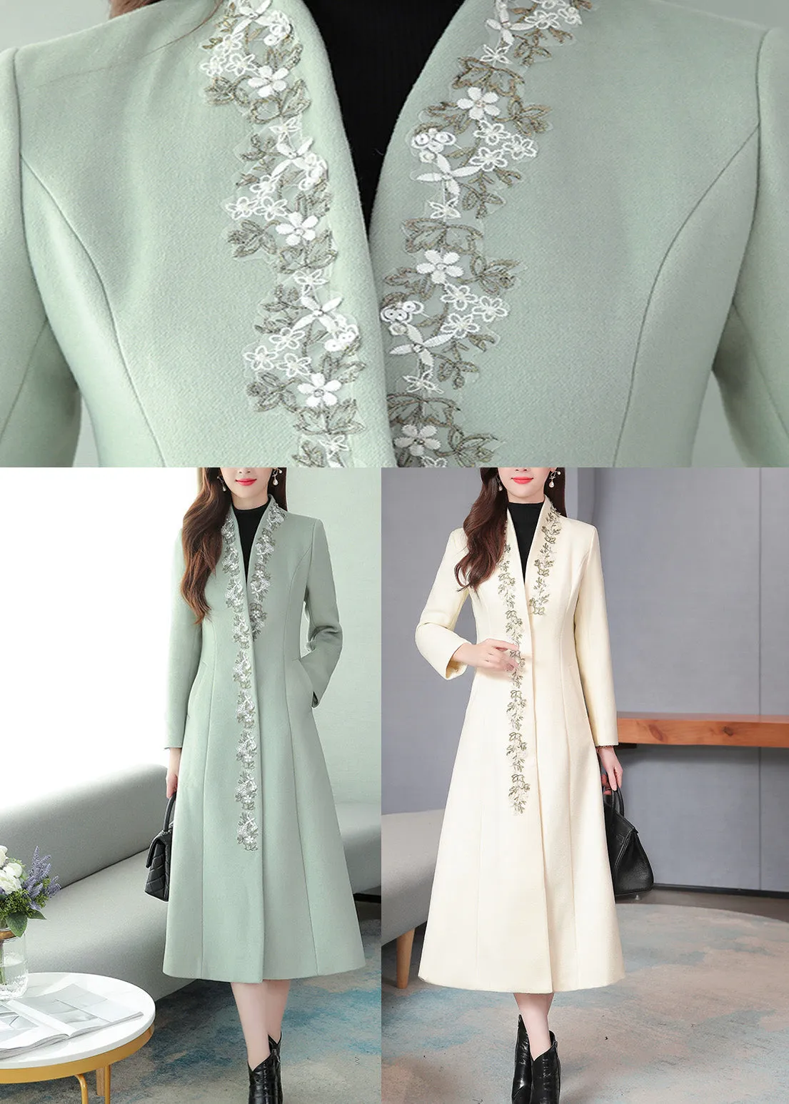 Mint Green Embroideried Floral Woolen Maxi Trench Coat Long Sleeve LY1714