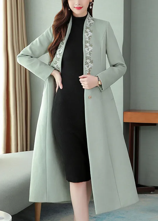 Mint Green Embroideried Floral Woolen Maxi Trench Coat Long Sleeve LY1714