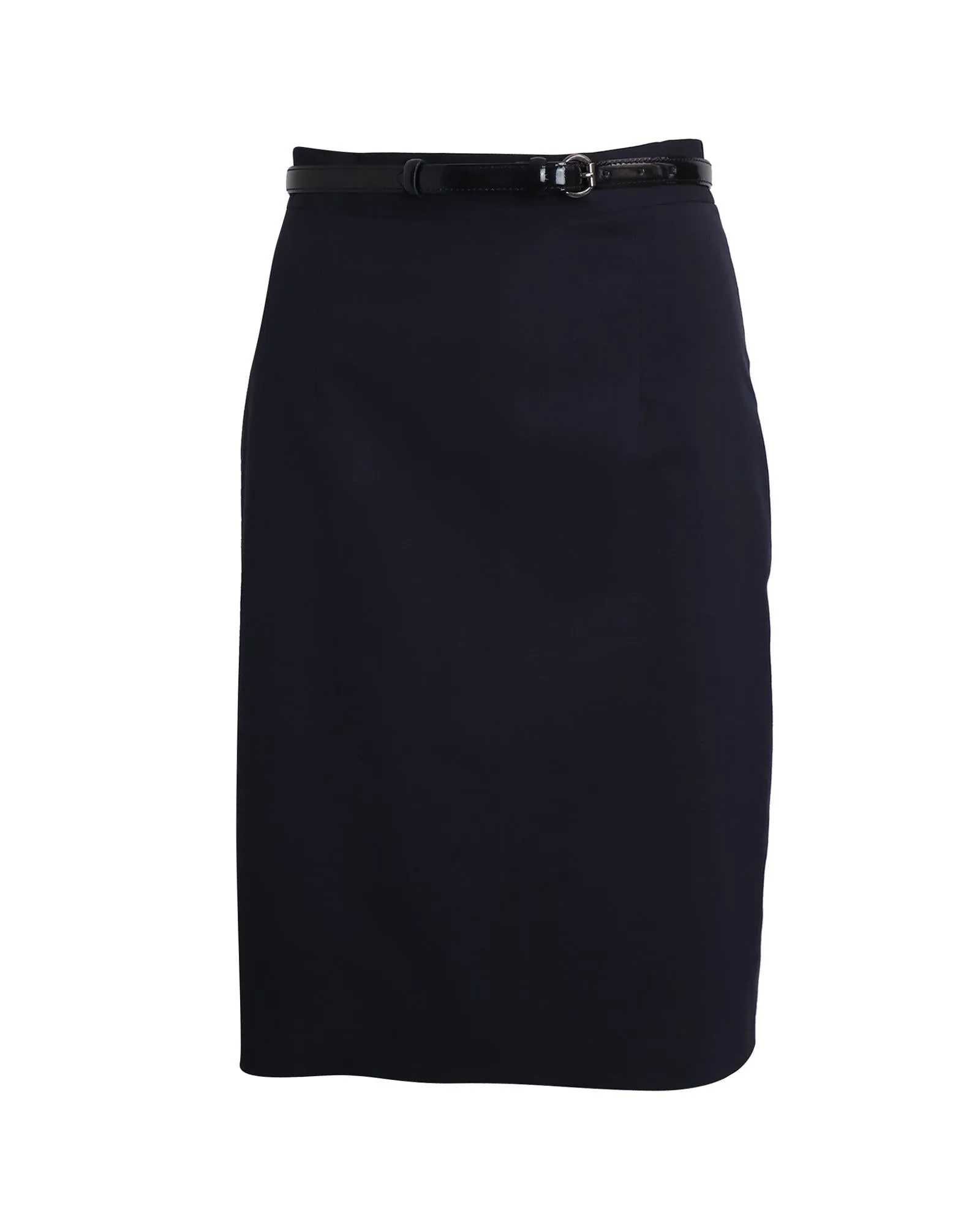 Navy Blue Virgin Wool Pencil Skirt with Waist Belt