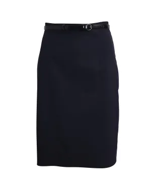 Navy Blue Virgin Wool Pencil Skirt with Waist Belt