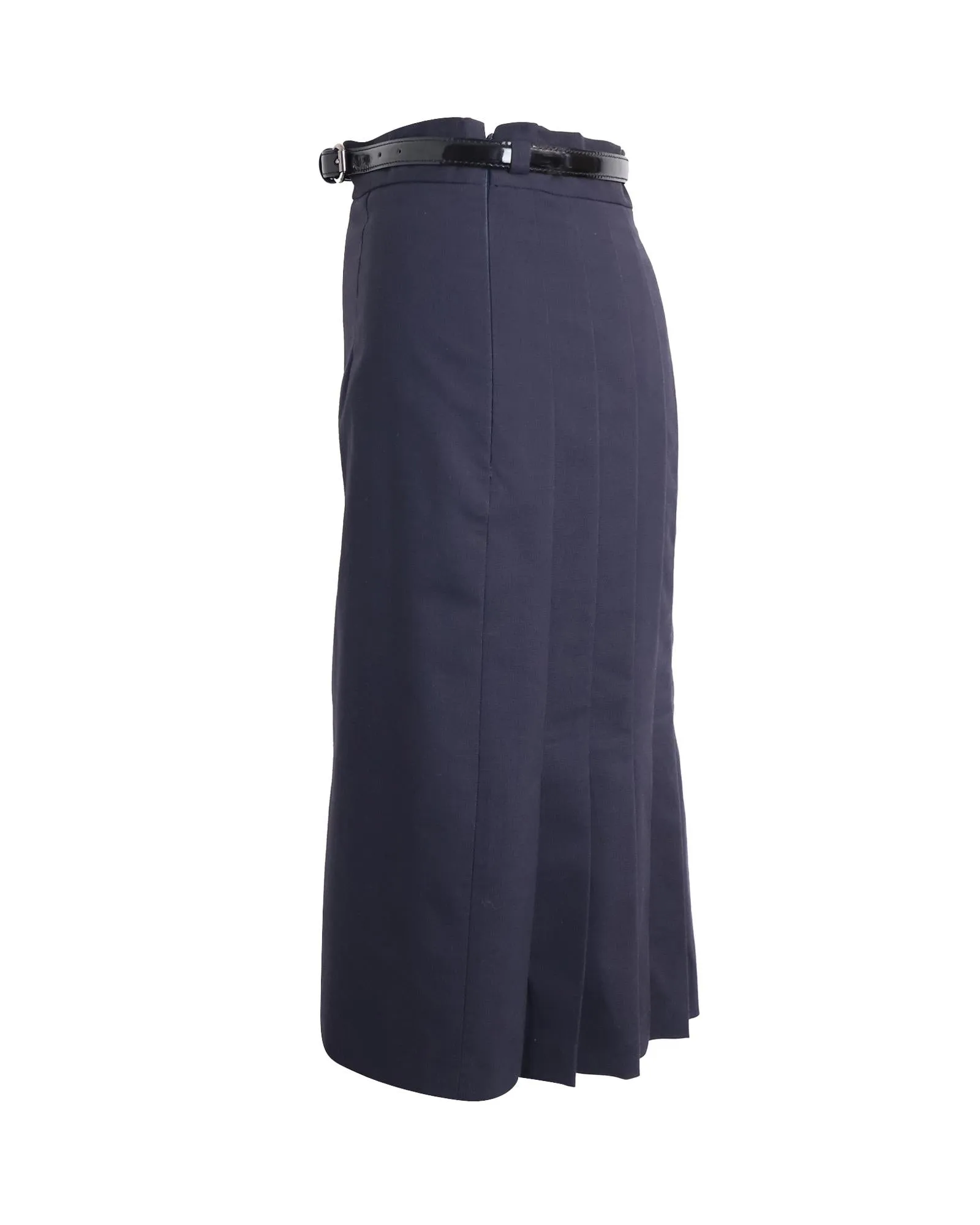 Navy Blue Virgin Wool Pencil Skirt with Waist Belt