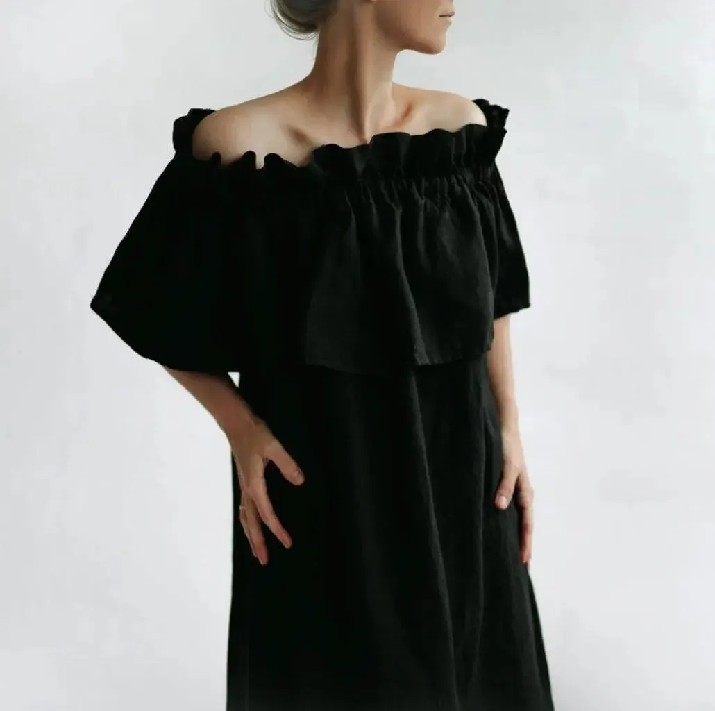 Off Shoulder Black Linen Dress by Seaside Tones