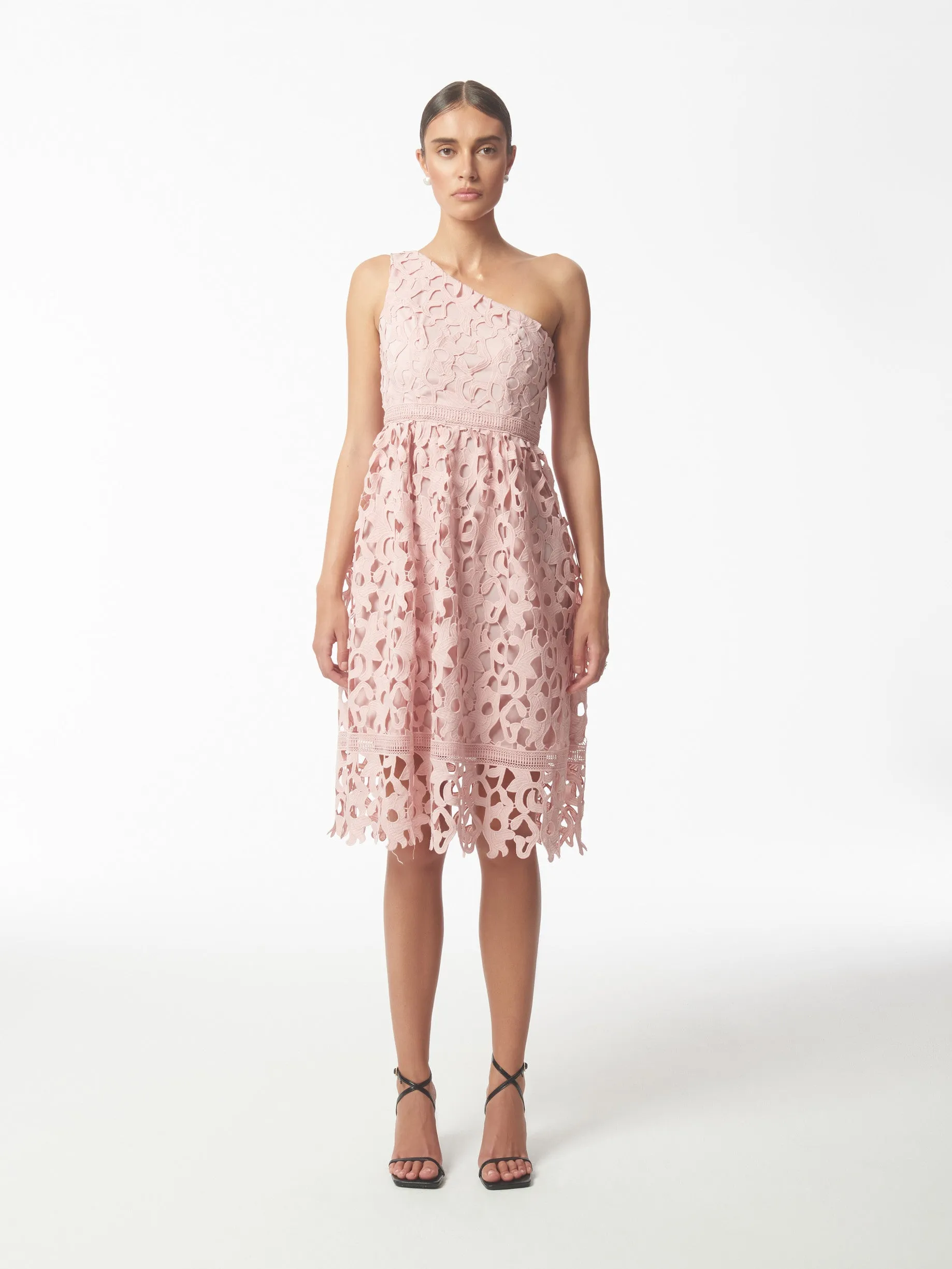 One Shoulder Lace Dress in Misty Rose Pink