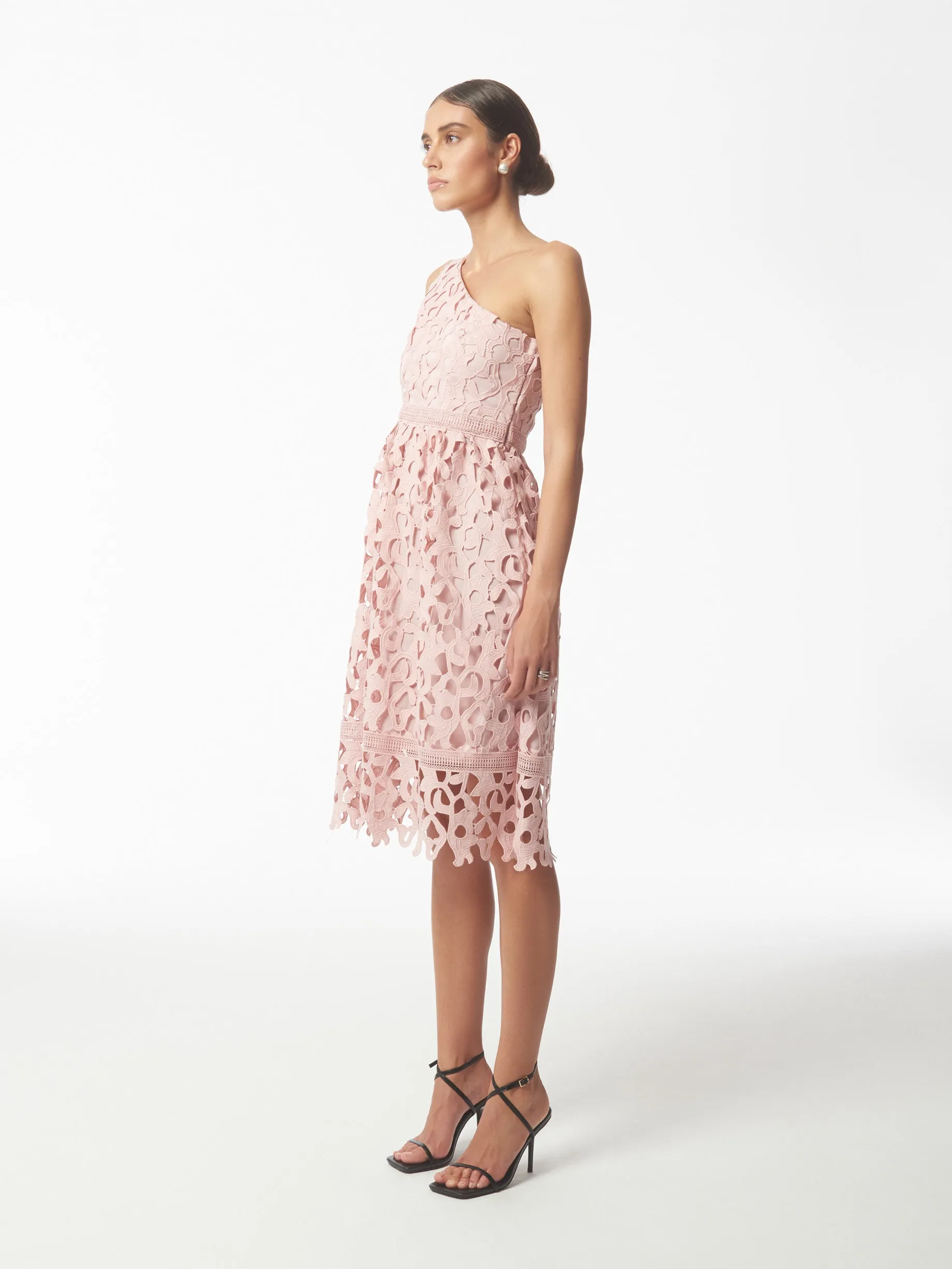 One Shoulder Lace Dress in Misty Rose Pink