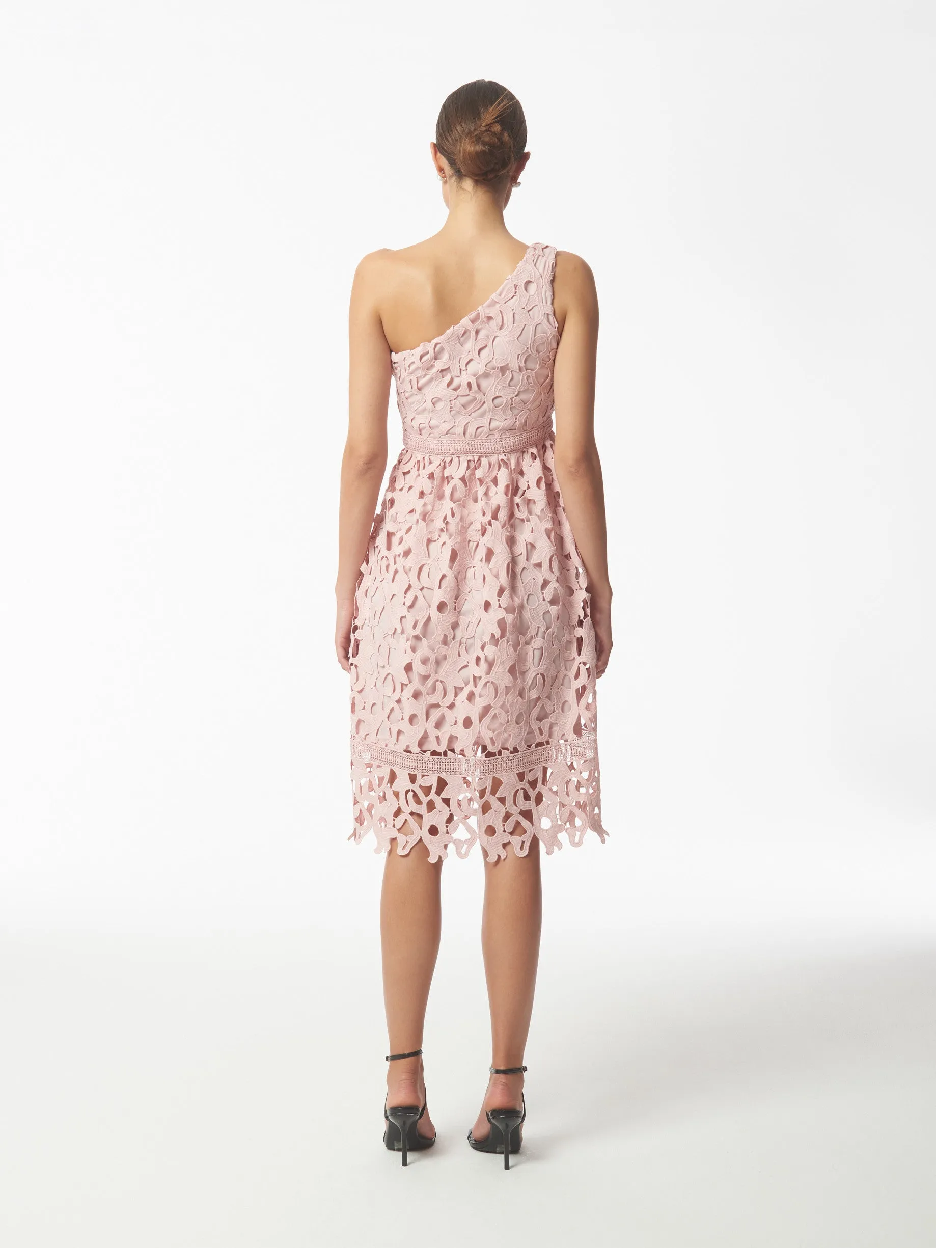 One Shoulder Lace Dress in Misty Rose Pink