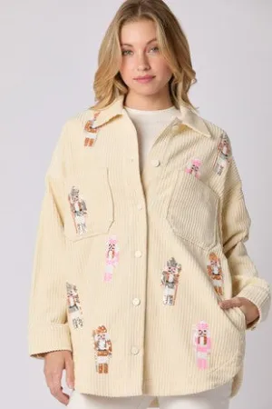 Peach Love Sequin Nutcracker Corduroy Shacket in Cream