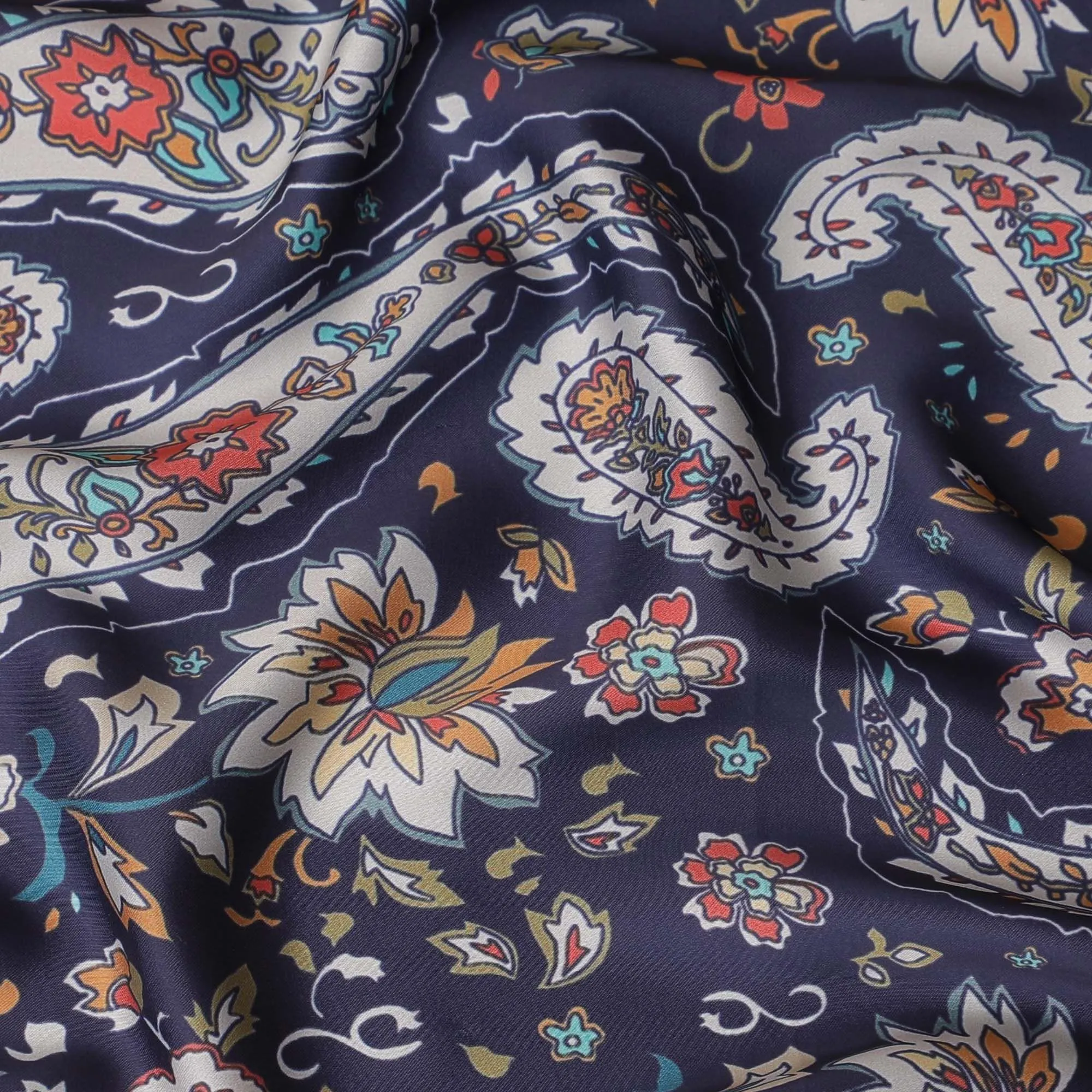 Peacock blue synthetic crepe fabric with multicolor print in paisley design-D15658