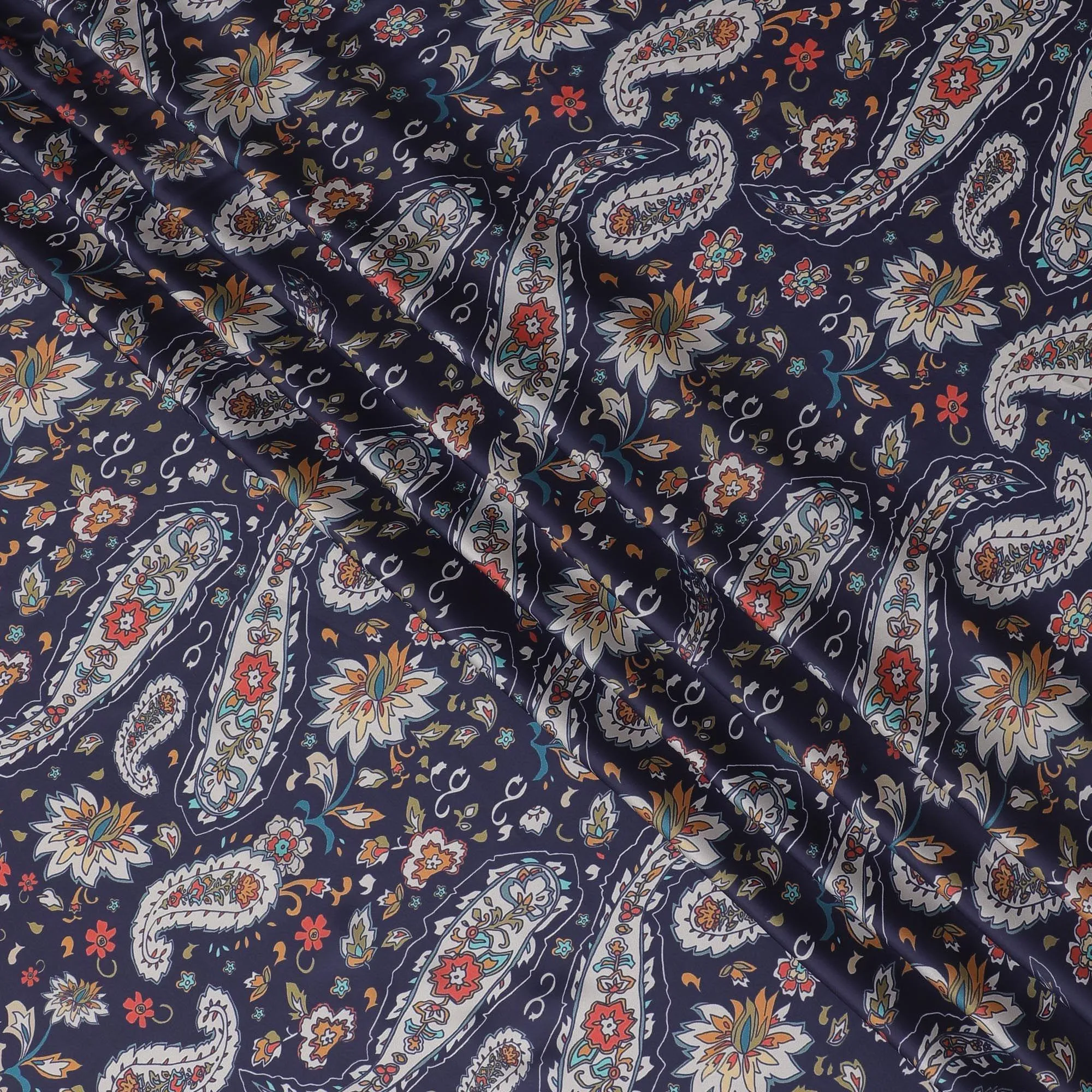 Peacock blue synthetic crepe fabric with multicolor print in paisley design-D15658