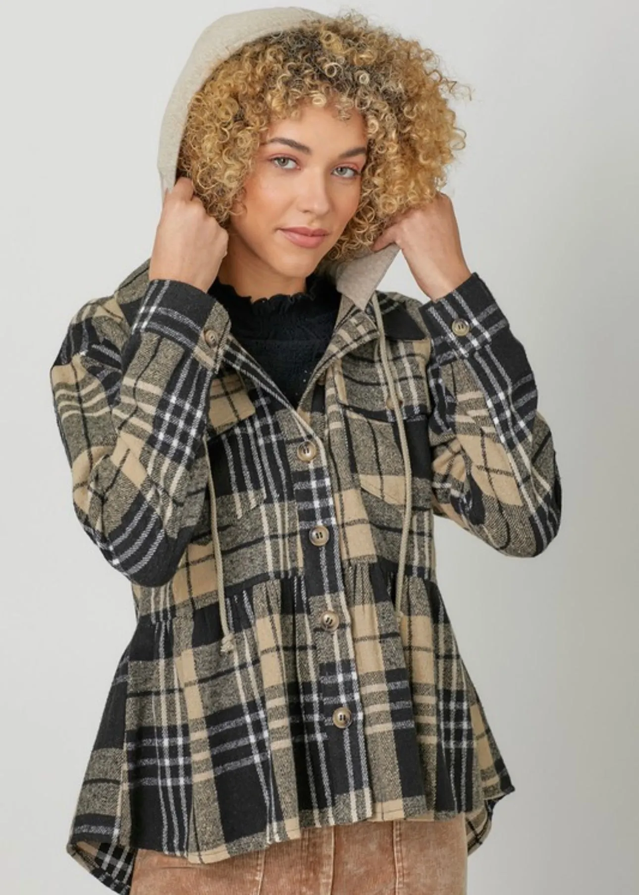 Peplum Plaid Hooded Shacket