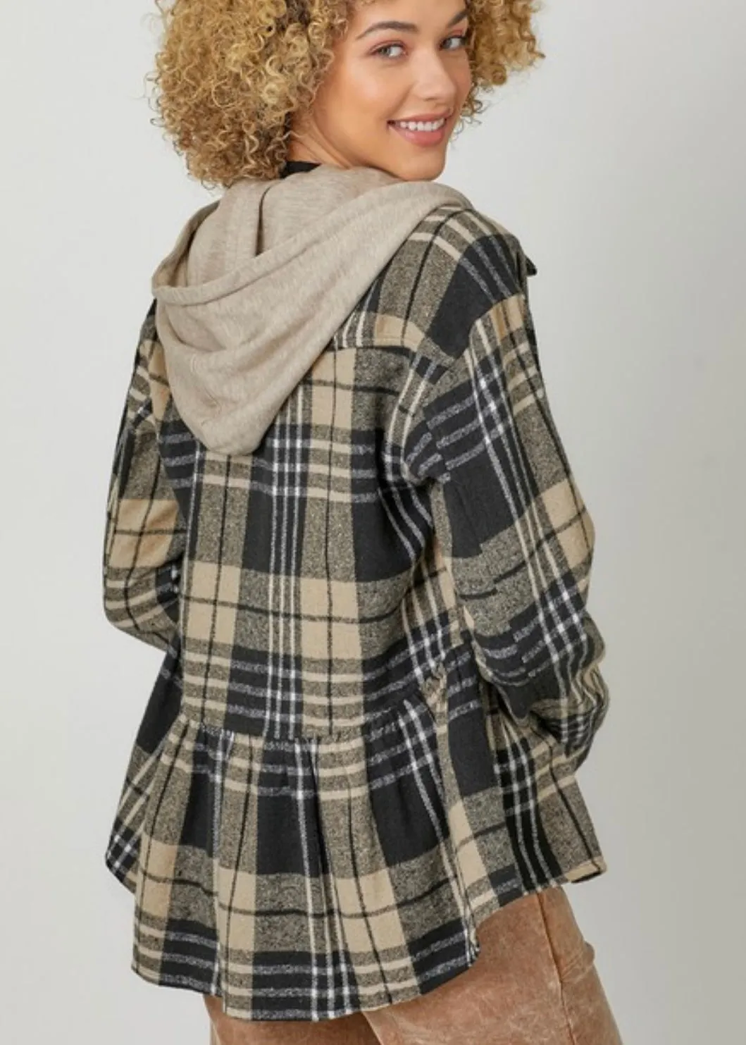 Peplum Plaid Hooded Shacket