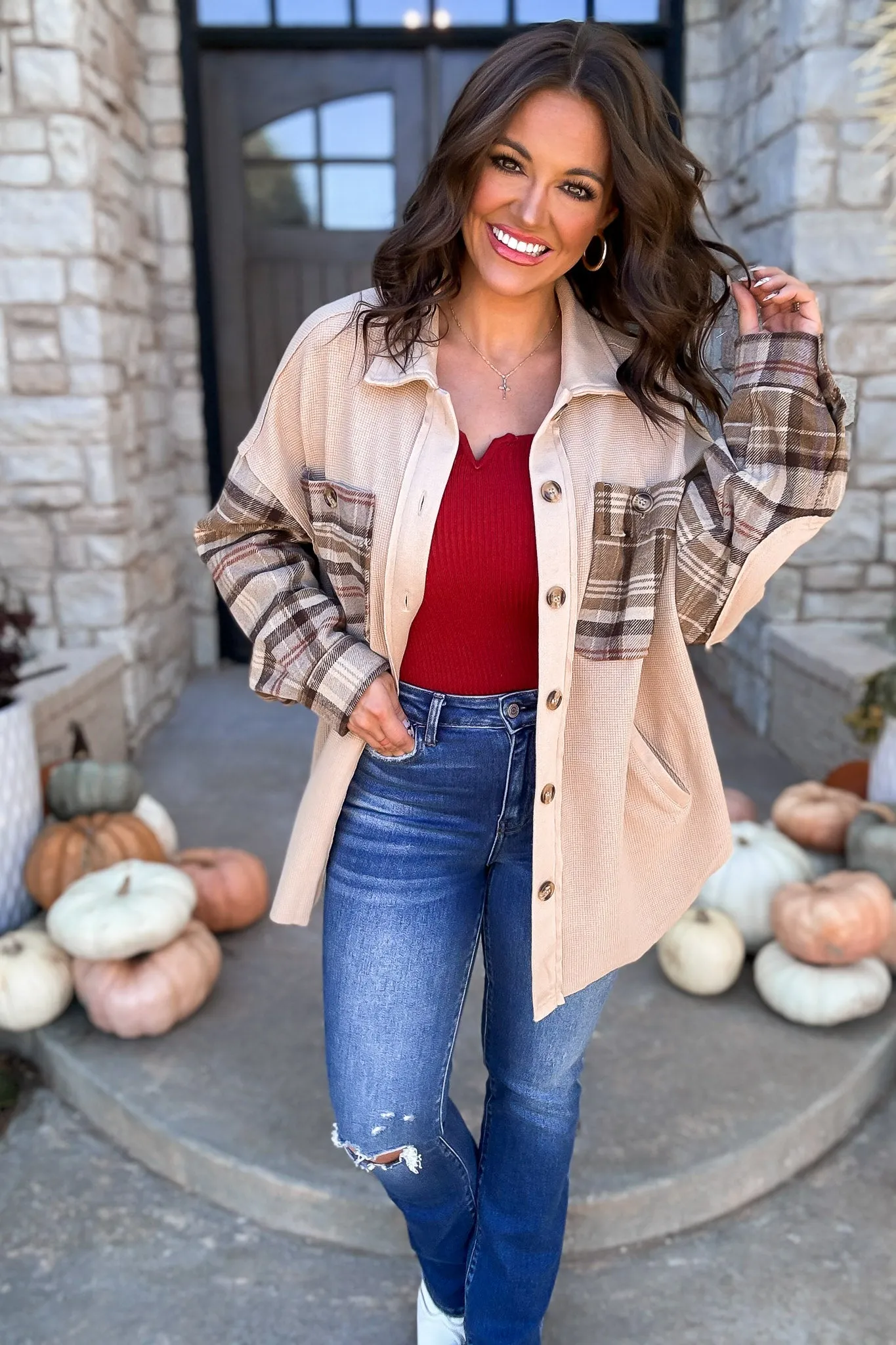 Perfectly In Season Oatmeal Thermal Knit Plaid Shacket